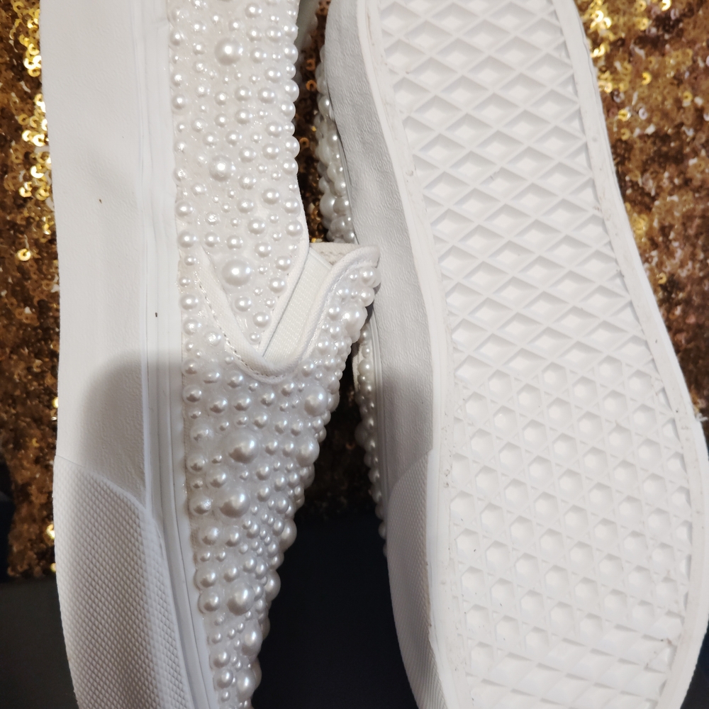 Vans Women's Customized  Pearl-Studded White Slip-On Sneakers - Picture 4 of 4
